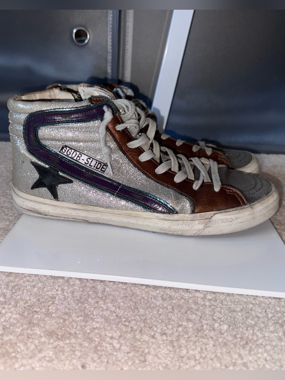 Golden Goose Slide Sneakers Leopard Silver Copper Purple Black Leather Size 39